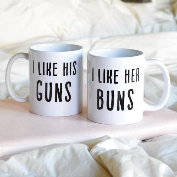 Couples Gag Gift Ideas
 I Like is Buns and I Like Her Guns Couples Coffee Mugs
