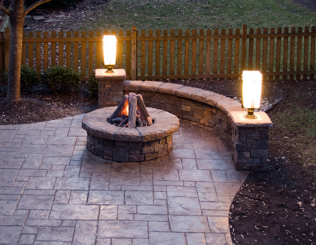 Deck Gas Fire Pit
 Stamped concrete patio gas fire pit stone walls and