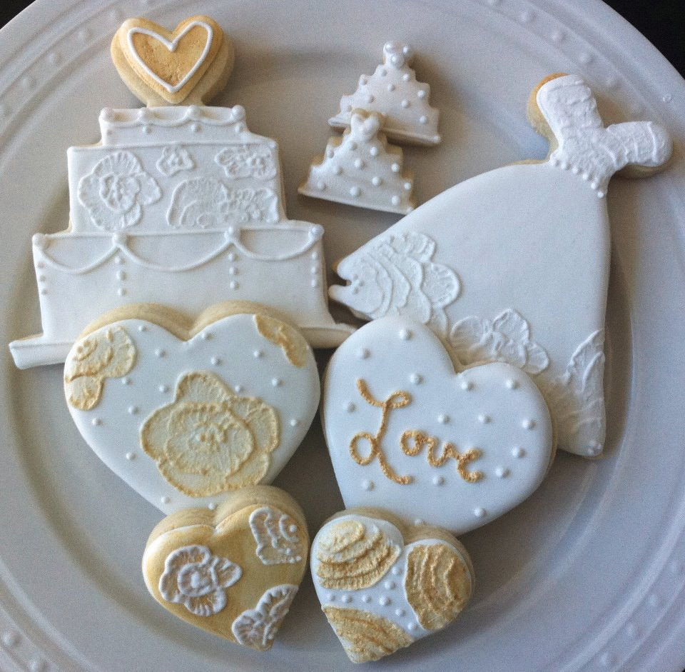 Decorated Wedding Cookies
 Decorated White and Gold Wedding Dress and Cake Cookies with