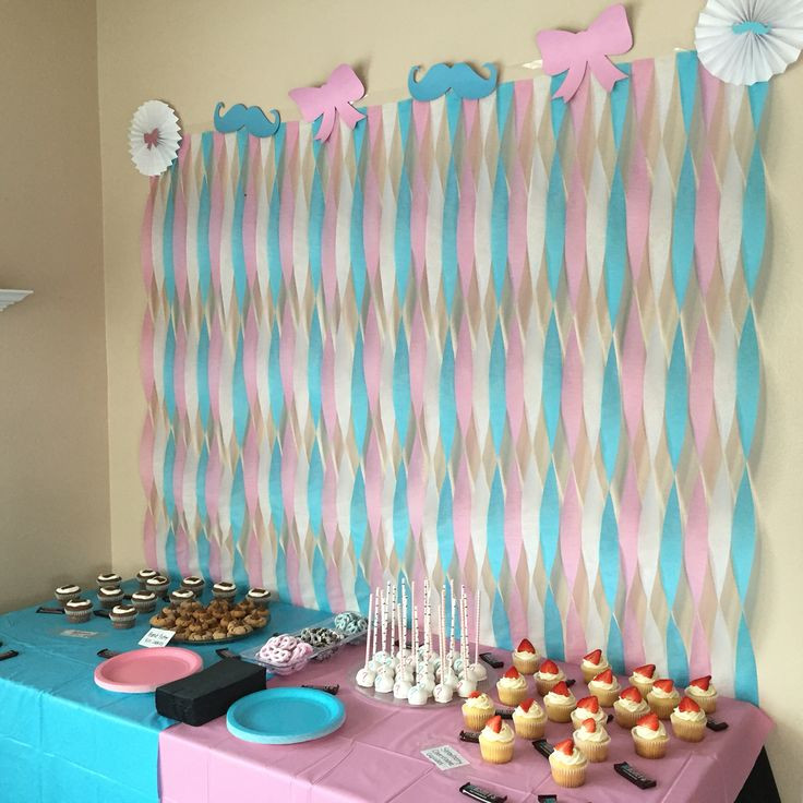 Dessert Ideas For Gender Reveal Party
 Mustache and bows dessert table streamer wall Gender