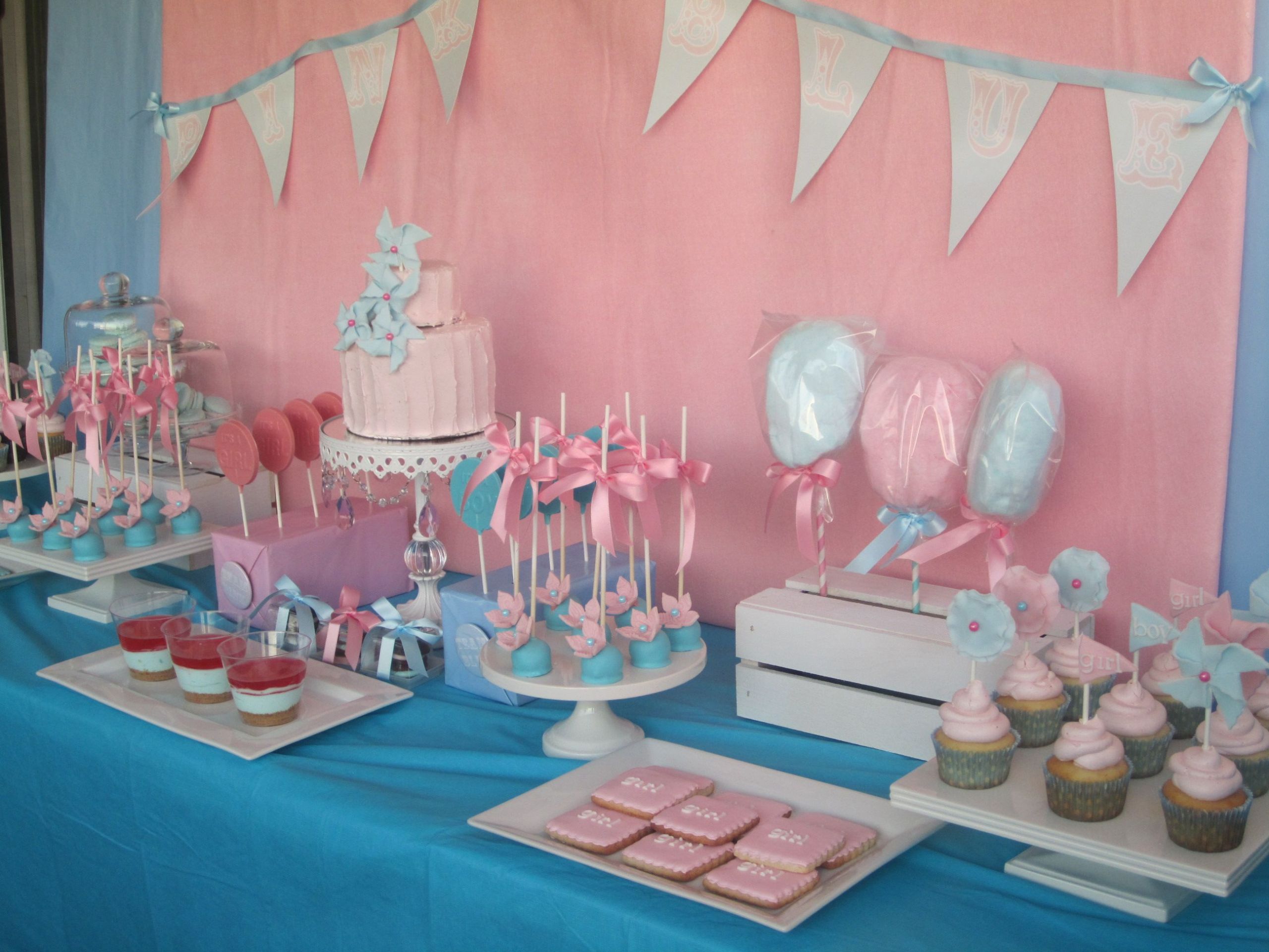 Dessert Ideas For Gender Reveal Party
 side view of dessert table