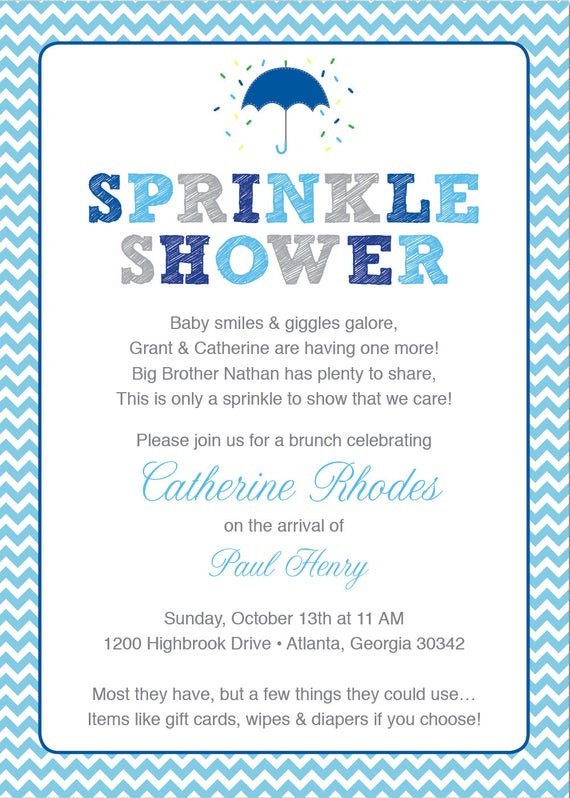 Diaper Party Ideas For Second Baby
 Blue Baby Sprinkle Shower Invitation Blue Grey Girl Chevron