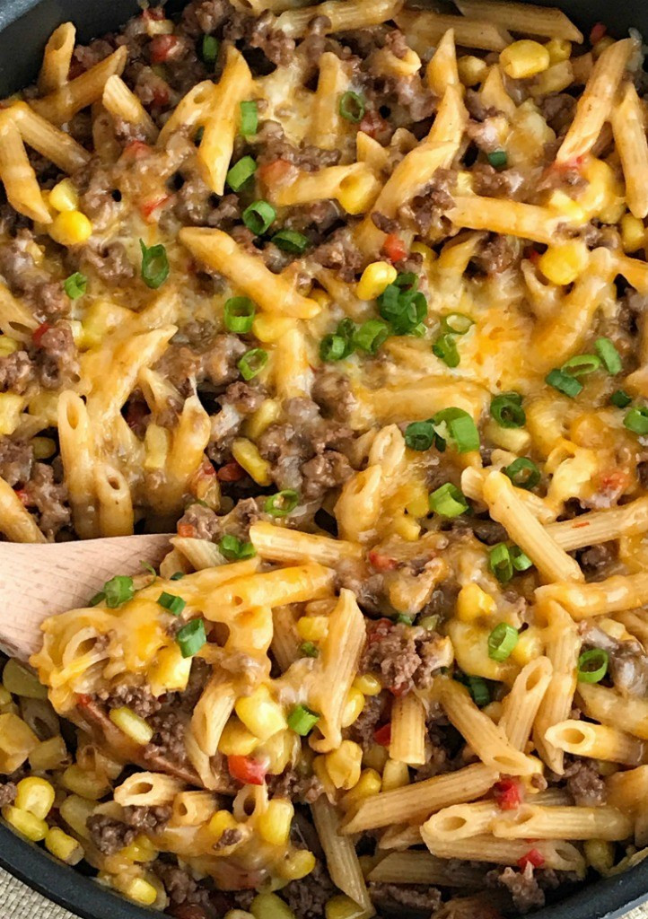 Dinner With Ground Beef
 30 minutes one pan BBQ Beef Pasta Skillet To her as