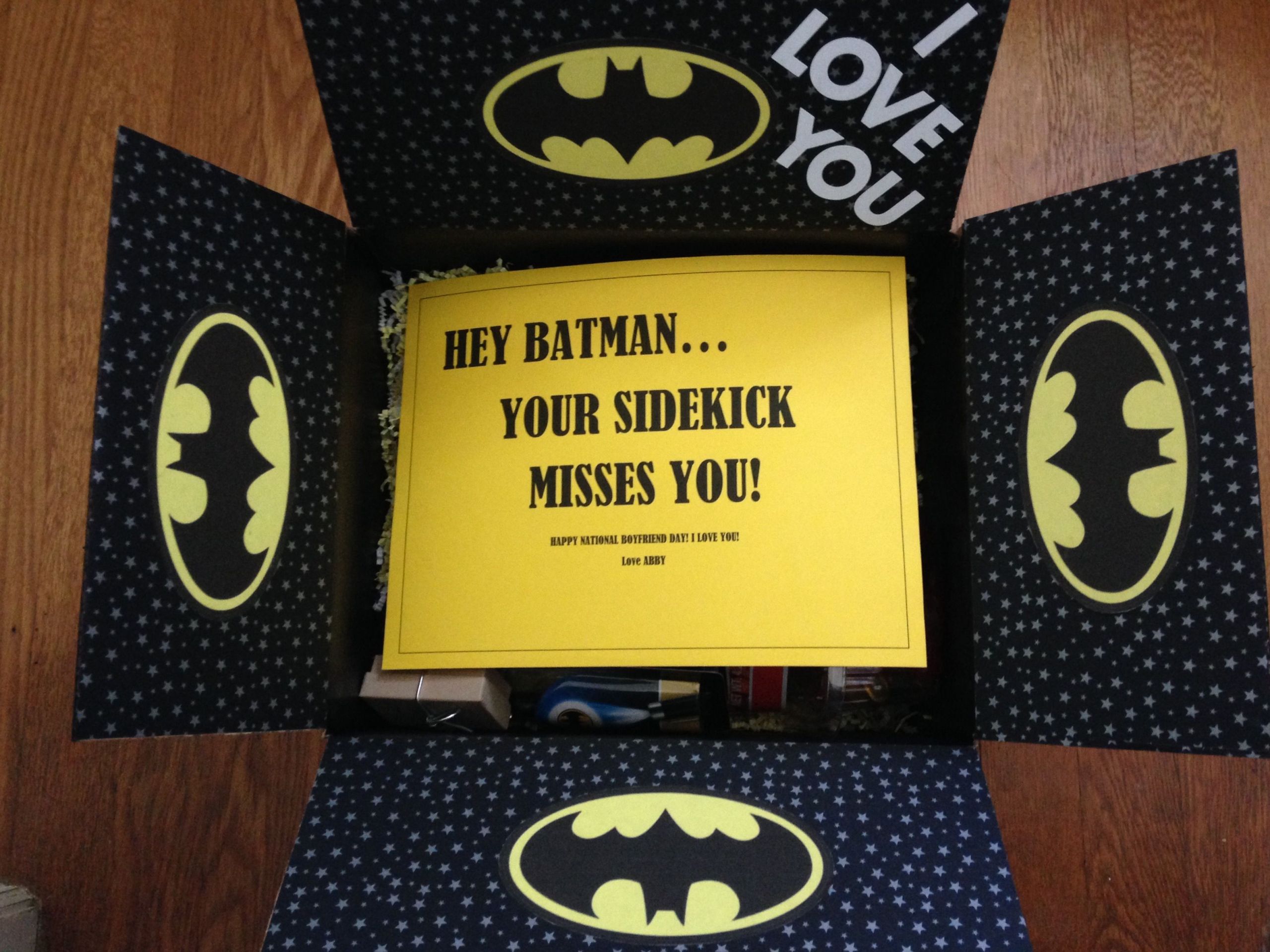 DIY Batman Gifts
 Batman care package "Hey Batman Your sidekick misses