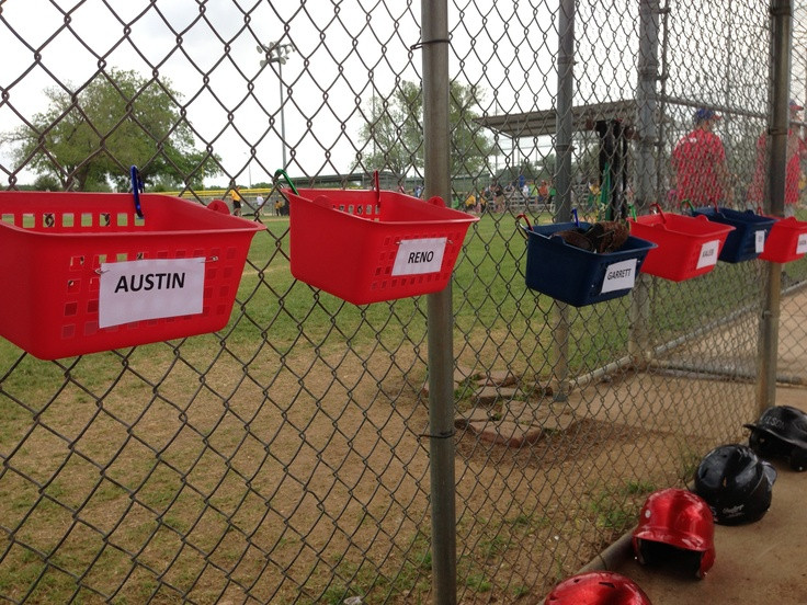 DIY Dugout Organizer
 Baskets for our Teeball team to put their glove and hat in