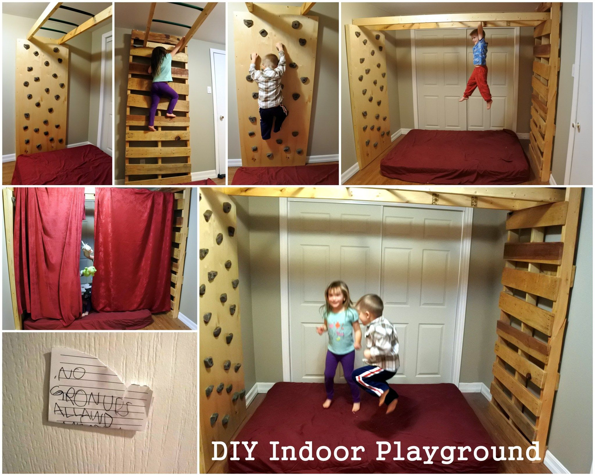 DIY Kids Rock Climbing Wall
 diyjunglegym Indoor monkey bars playground rock climbing
