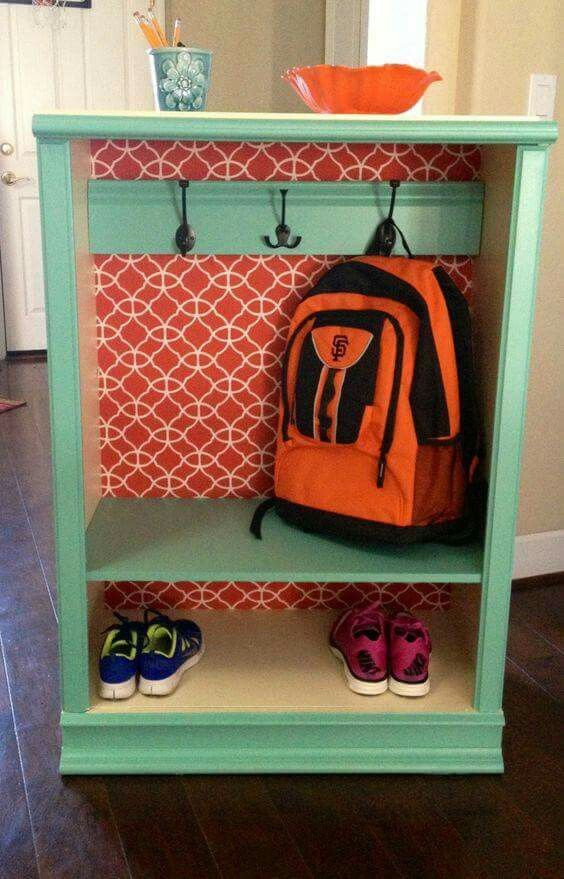 DIY Kids Shoe Rack
 Dresser turned into foyer storage for kids bookbags and