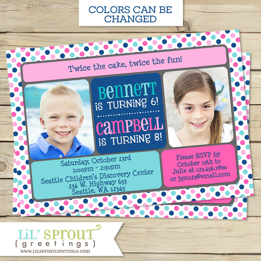 Dual Birthday Party Invitations
 SIBLING BIRTHDAY Party Invitation Boy or Girl Double