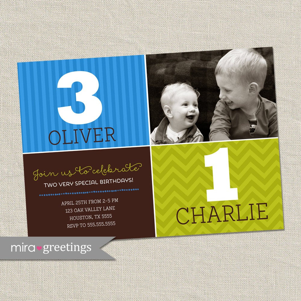 Dual Birthday Party Invitations
 Double Birthday Party Invitation brothers joint party invite