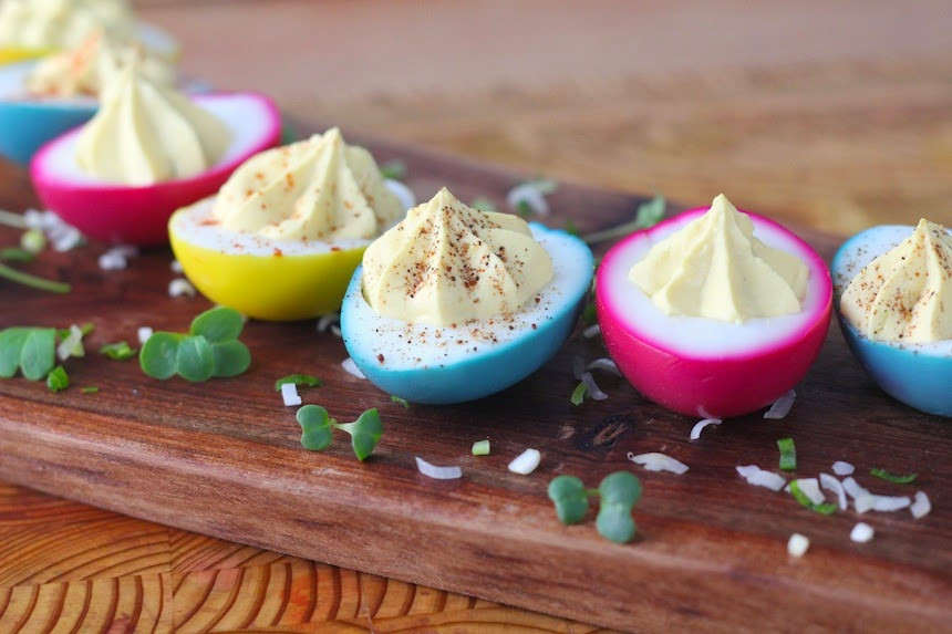 Easter Colored Deviled Eggs
 Kitchen Vignettes by Aubergine Rainbow Deviled Eggs