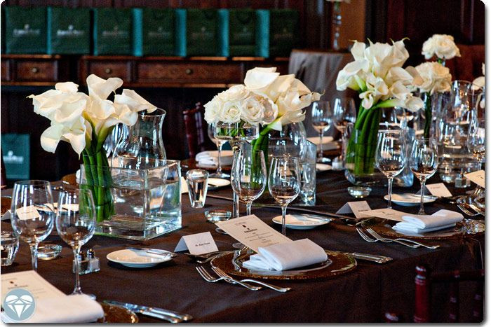 Elegant Dinner Party Decorating Ideas
 chocolate brown tablecloth white florals perfectly