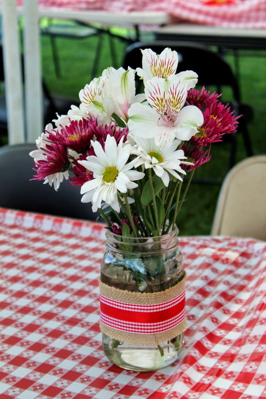 Engagement Party Flower Centerpiece Ideas
 I DO BBQ Flower Centerpiece in Mason Jars Couples