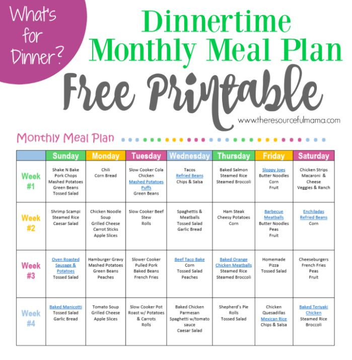 Family Dinner Menu Ideas
 Monthly Meal Plan for Dinner Free Printable