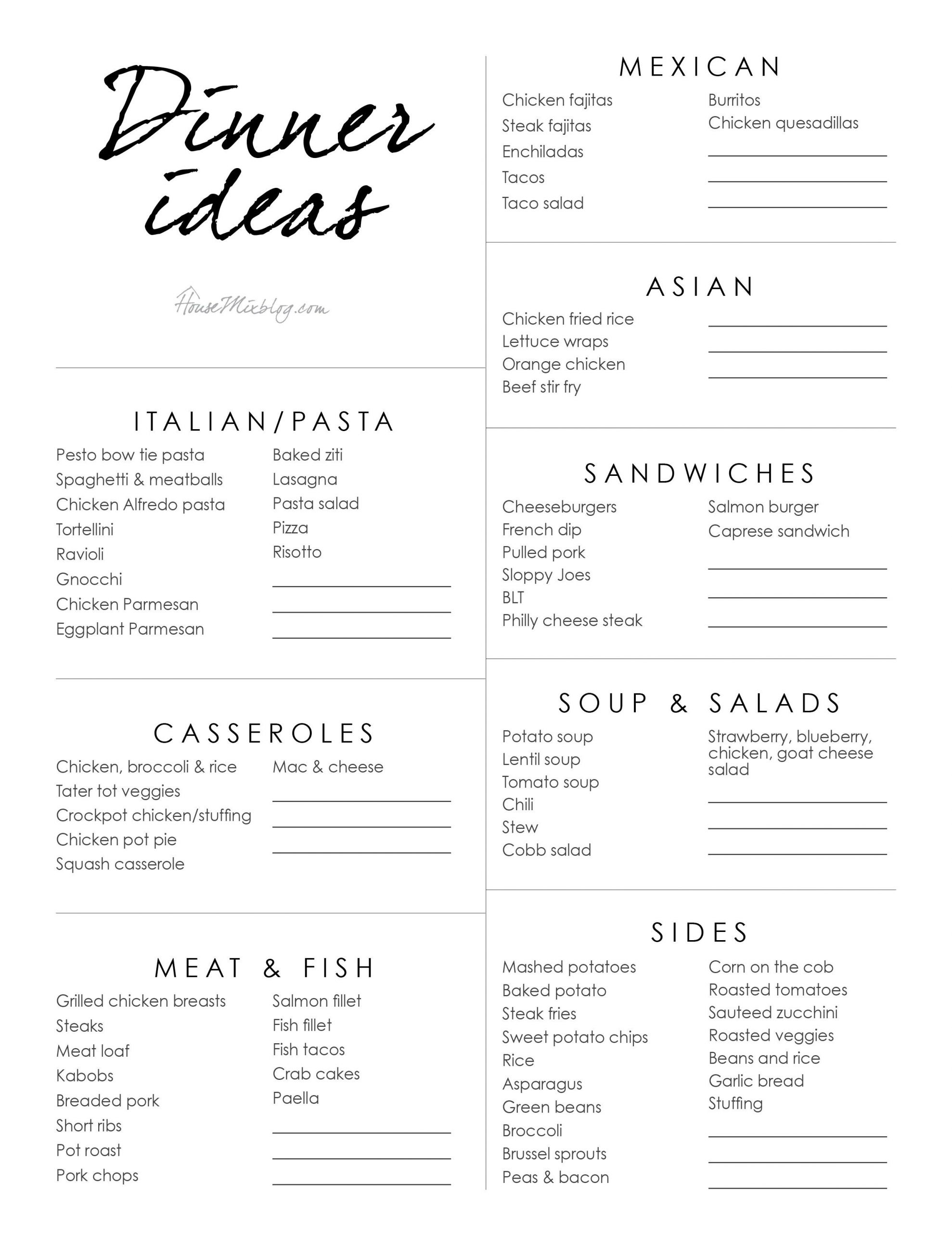 Family Dinner Menu Ideas
 Dinner idea list and menu Current Project Finder