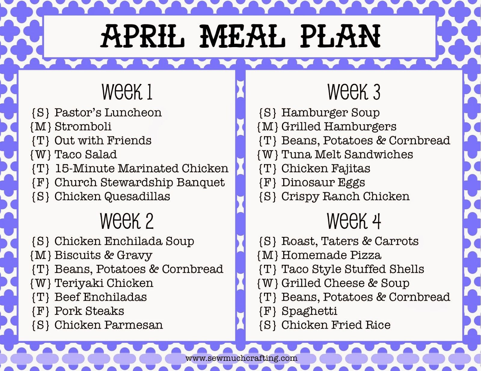 Family Dinner Menu Ideas
 Sew Much Crafting monthly meal plan