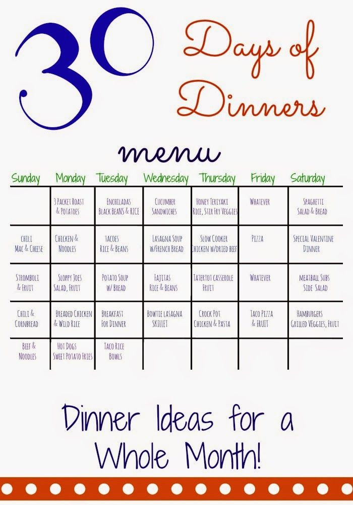 Family Dinner Menu Ideas
 30 Days of Dinners Another Month of Meal Planning
