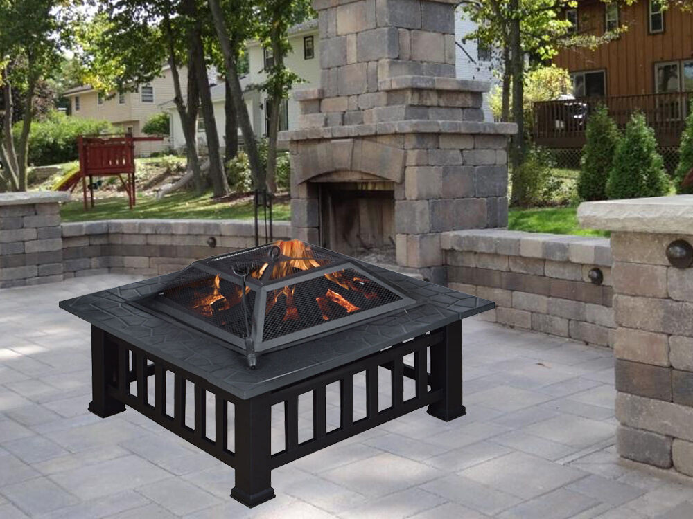 Fire Pit And Patio
 Square Metal 32" Fire Pit Outdoor Patio Garden Backyard