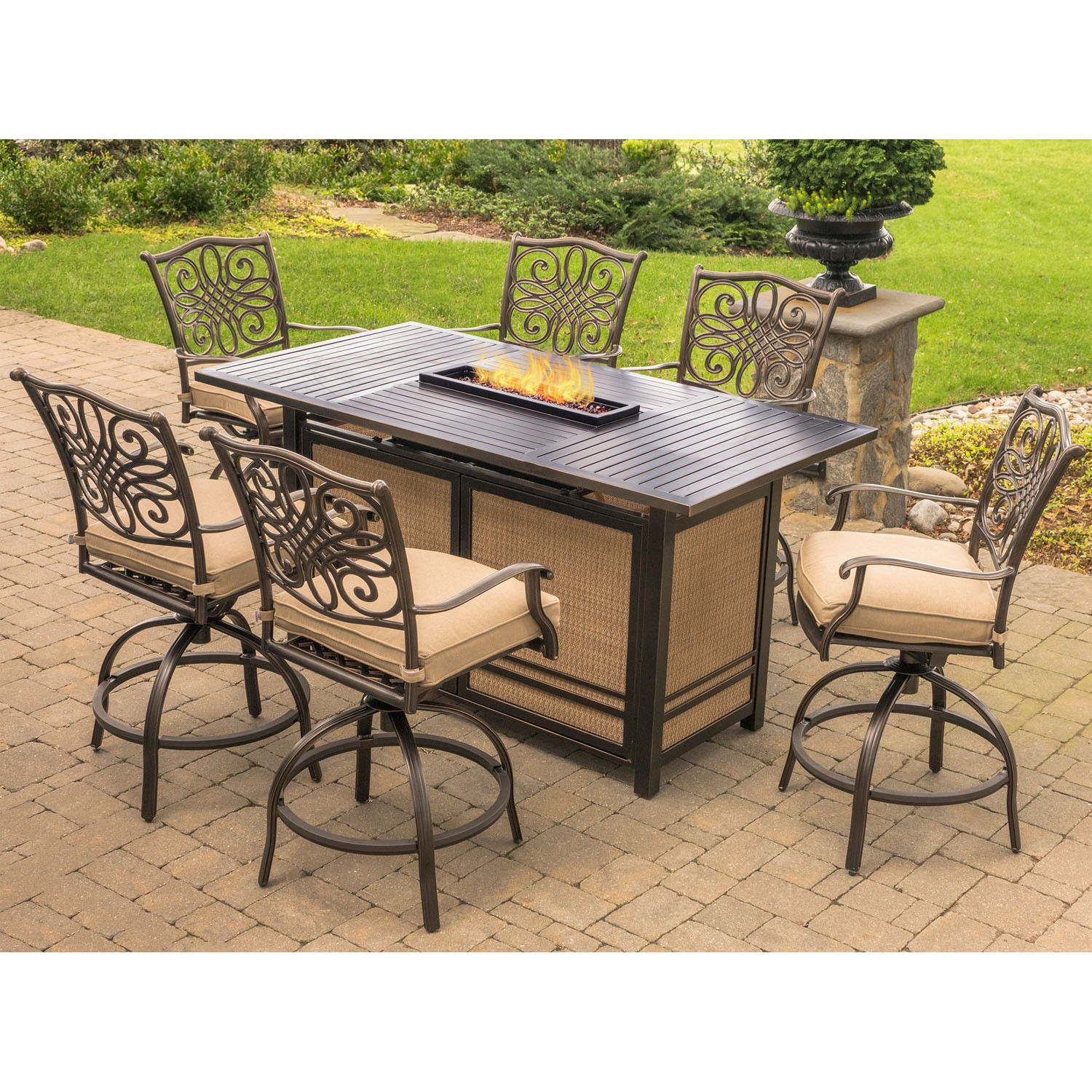 Fire Pit Dining Table Set
 Hanover Traditions 7 Piece High Dining Set in Tan with