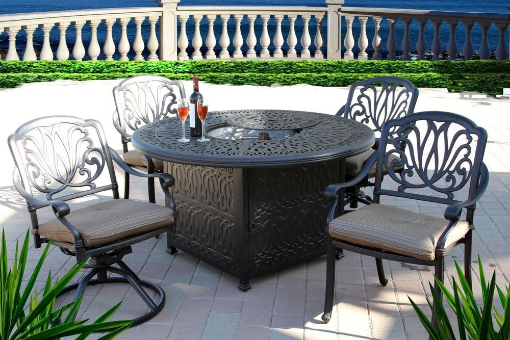 Fire Pit Dining Table Set
 5PC OUTDOOR Patio DINING SET 52" ROUND FIRE PIT Table
