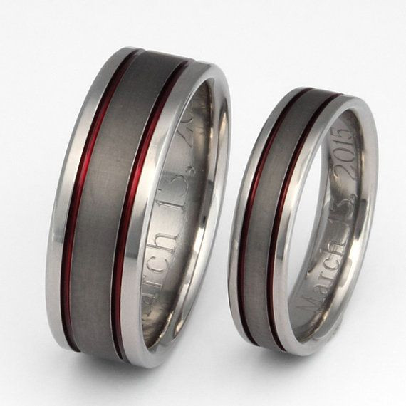 Firefighter Wedding Rings
 Titanium Wedding Band Set Thin Red Line by