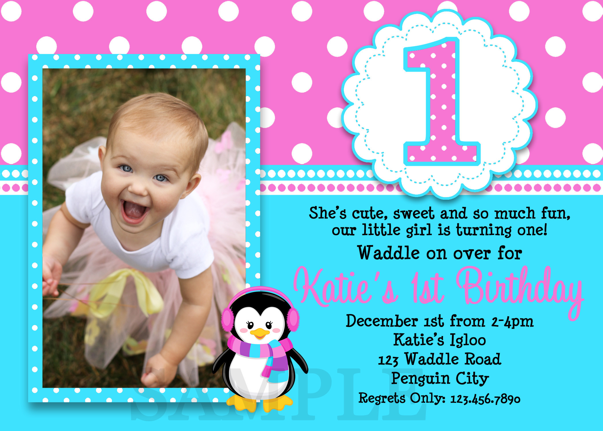 First Birthday Party Invitation Wording
 Printable Birthday Invitations Girls Penguin Party