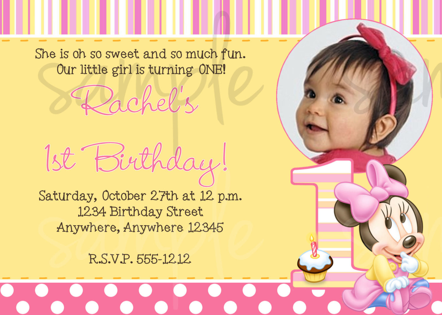 First Birthday Party Invitation Wording
 Minnie Mouse 1st Birthday Invitation