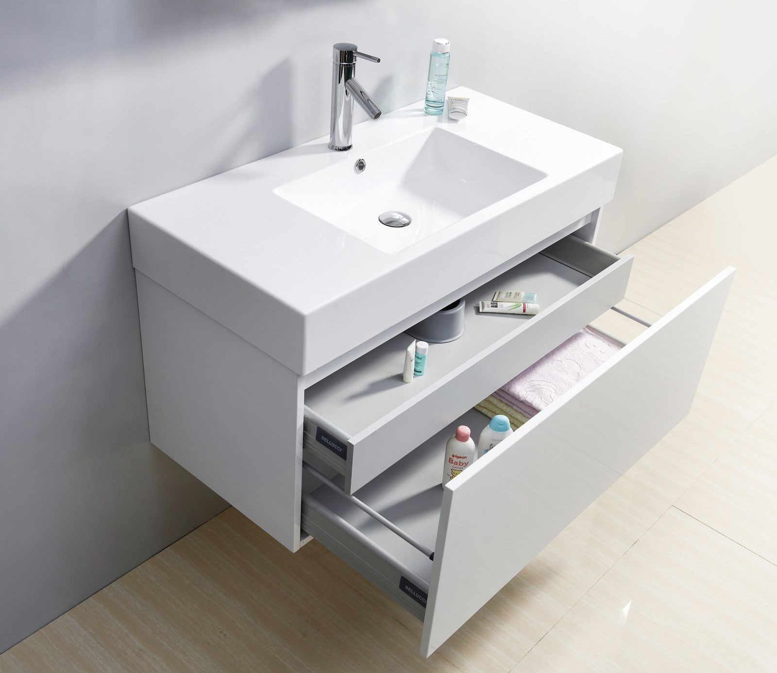 Floating Bathroom Sink Cabinet
 39" Glossy White Modern Floating Single Sink Bathroom