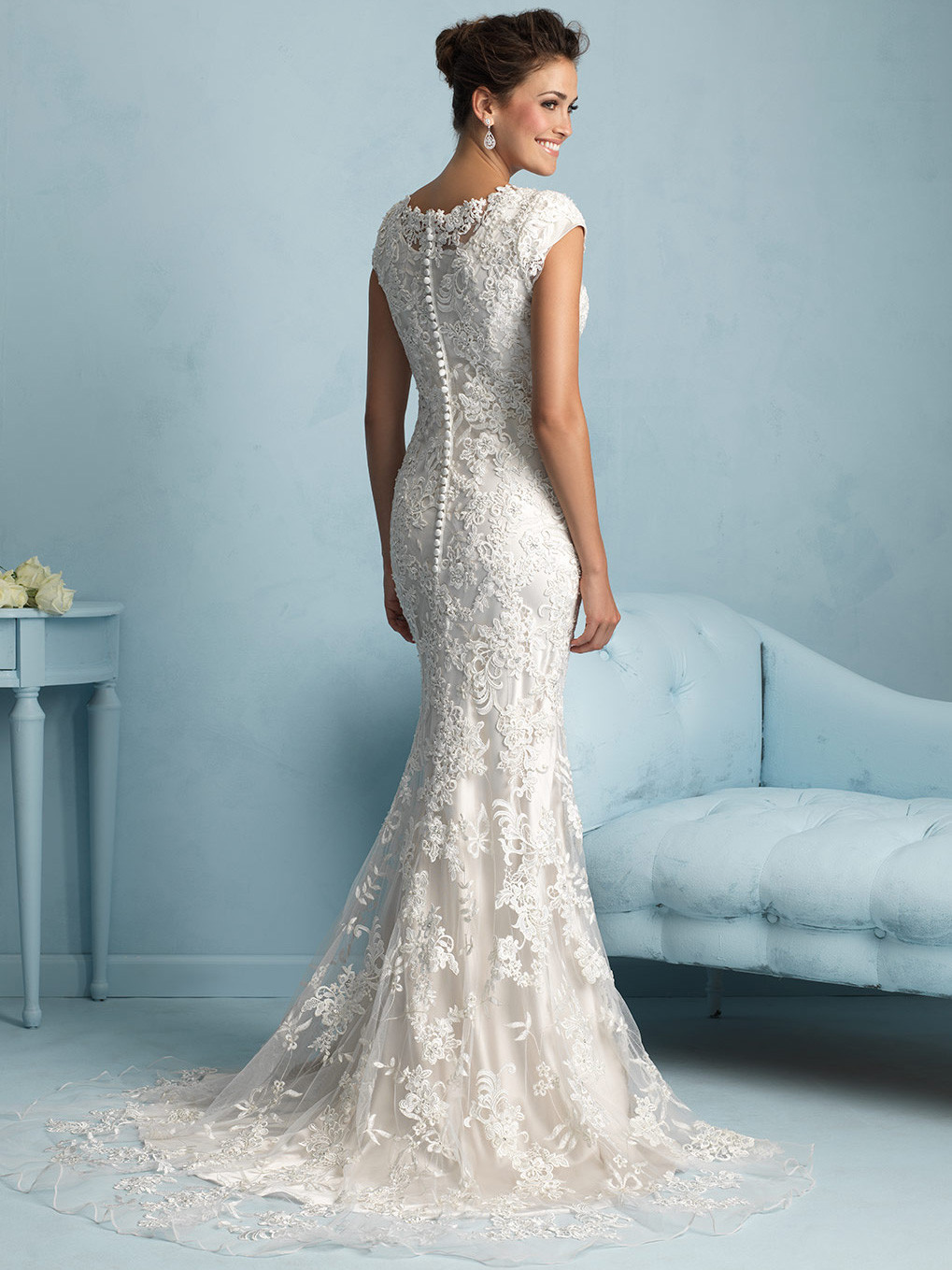 Form Fitting Wedding Dress
 Allure Modest Sheath Lace Wedding Dress M536