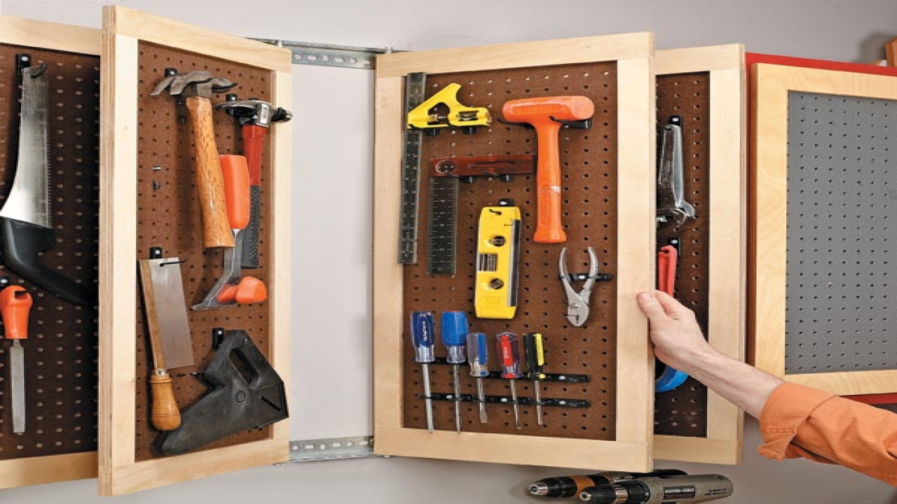 Garage Tool Organization Ideas
 Sliding door closet organization pegboard garage tool