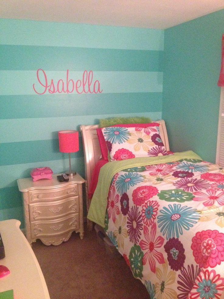 Girl Bedroom Painting Ideas
 Girls teal stripe wall and Isabella wall decal from Etsy