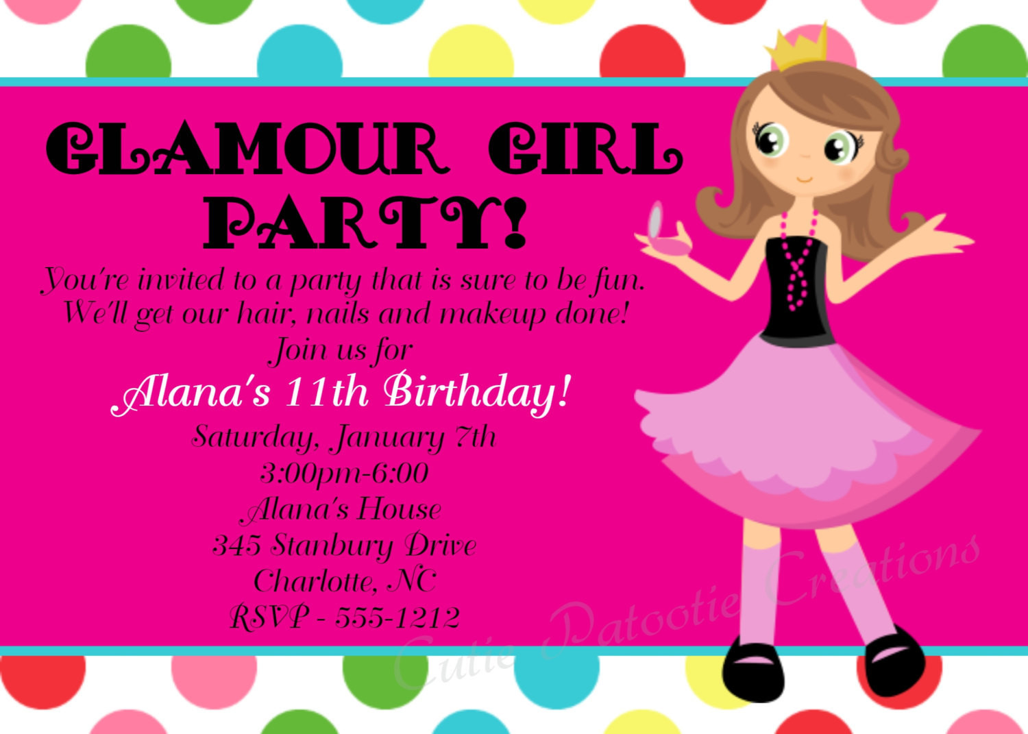 Girls Birthday Party Invitations
 Glamour Girl Birthday Invitation Printable or Printed