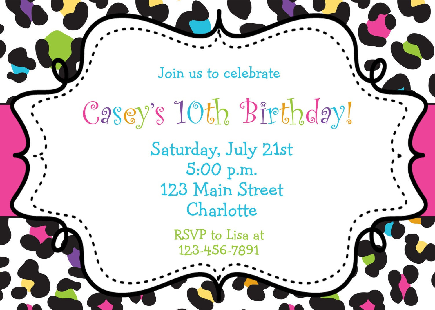 Girls Birthday Party Invitations
 Rainbow Cheetah Girls Birthday Party Invitation Printable