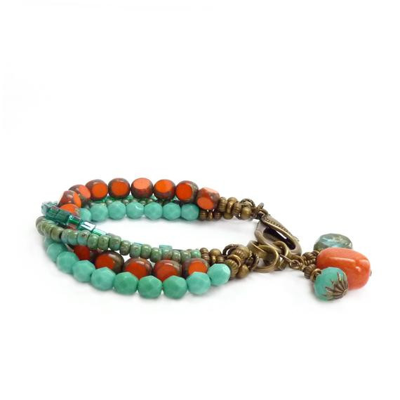 Glass Bead Bracelets
 Orange & Turquoise Boho Bracelet Picasso Glass Beads
