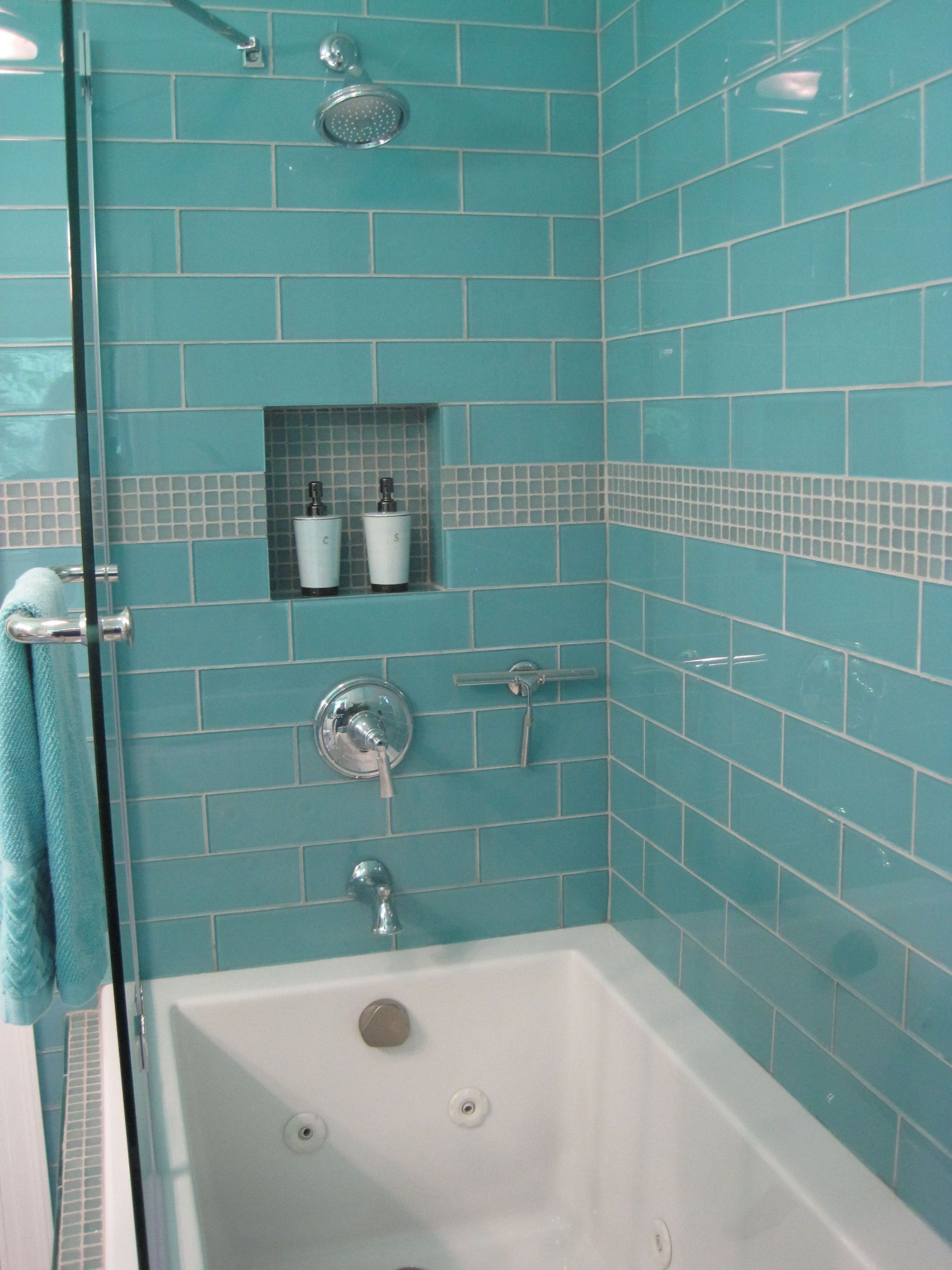 Glass Tile Bathroom
 Aqua Glass 4" x 12" Subway Tile in 2019