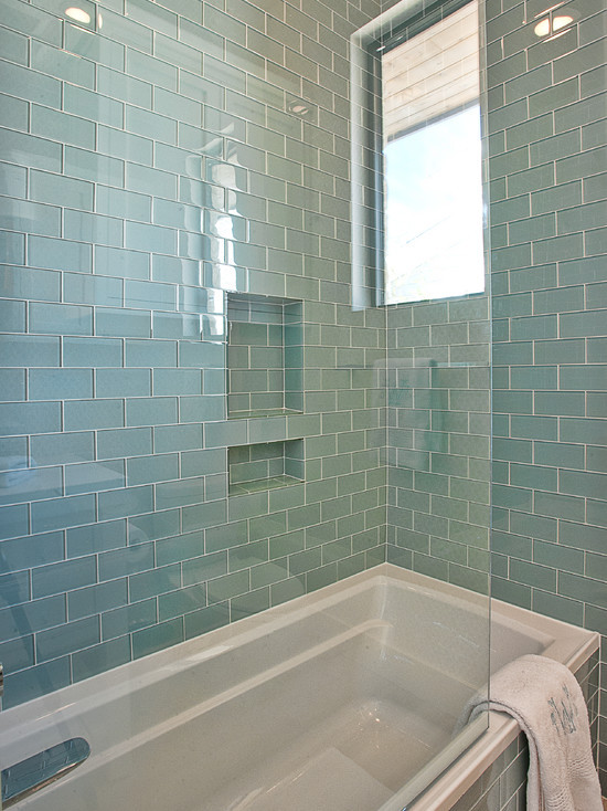 Glass Tile Bathroom
 Blue Glass Subway Tiles Contemporary bathroom Glynis