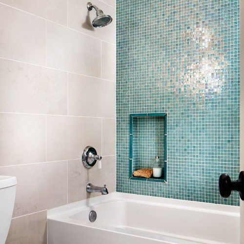 Glass Tile Bathroom
 Shower with blue glass wall and 12 x 24" beige tile