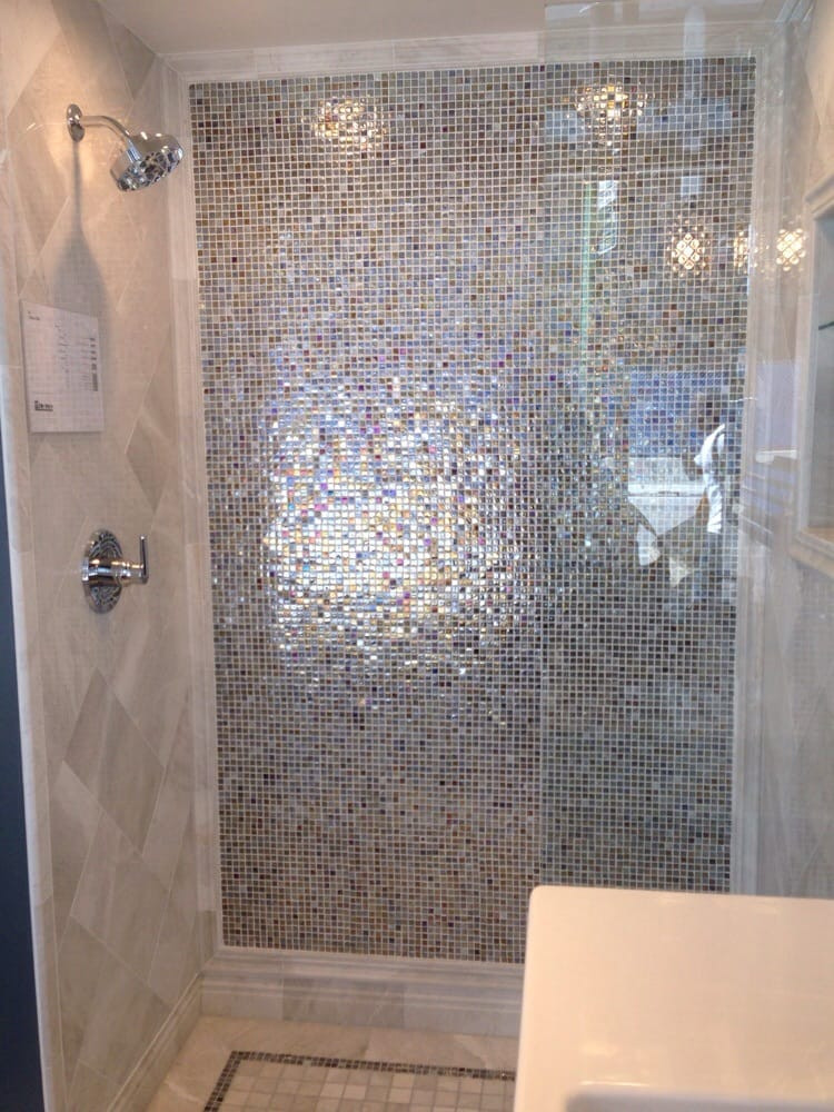 Glass Tile Bathroom
 Shower with iridescent glass tiles and marble Yelp