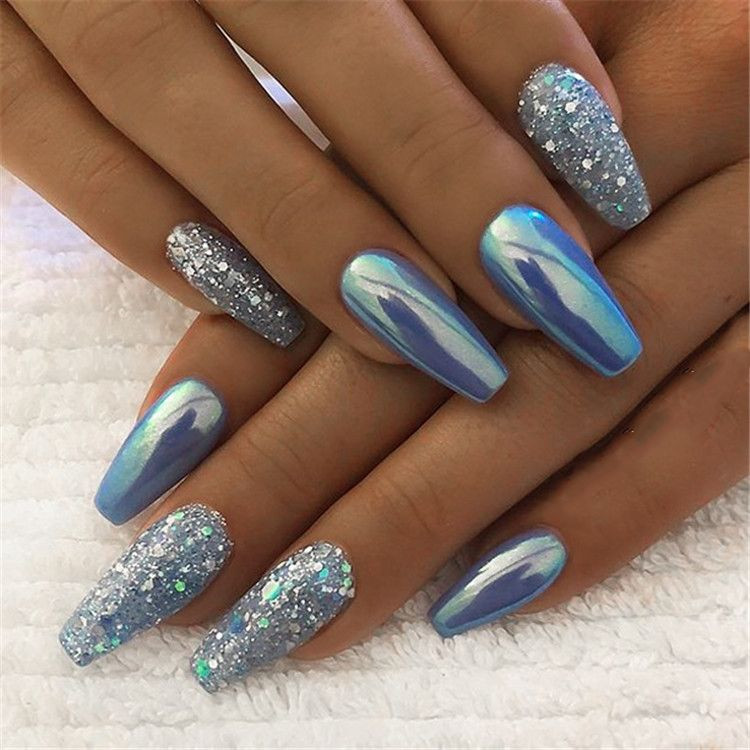 Glitter Gel Nail Designs
 Winter Acrylic Green and Blue Glitter Coffin Nails From