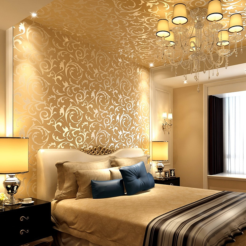 Gold Bedroom Walls
 Luxury 3d gold wallpaper non woven cloth European style