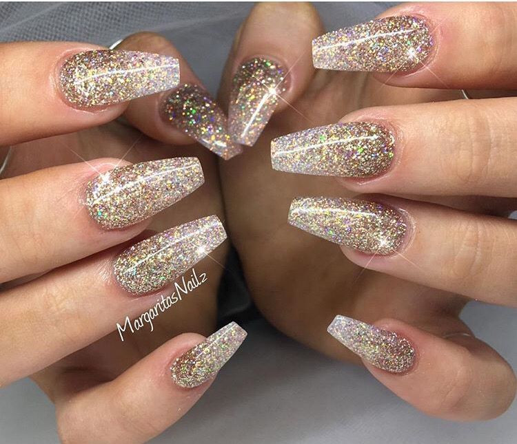 Gold Glitter Coffin Nails
 Gold glitter ombre nails in 2019