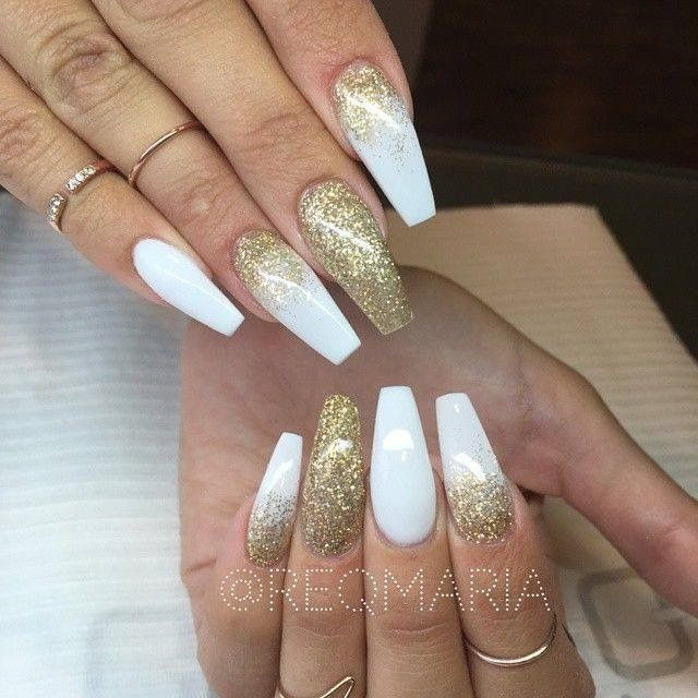 Gold Glitter Coffin Nails
 White and gold glitter long coffin nails Nails