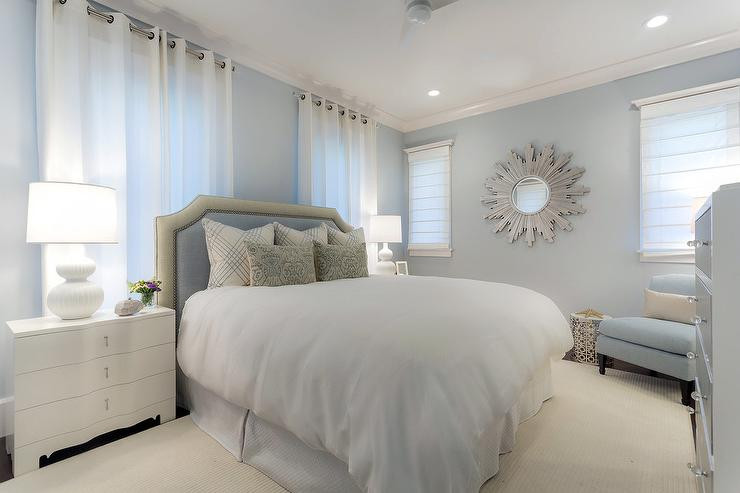 Good Bedroom Paint Colours
 White and Blue Bedroom with Silver Sunburst Mirror