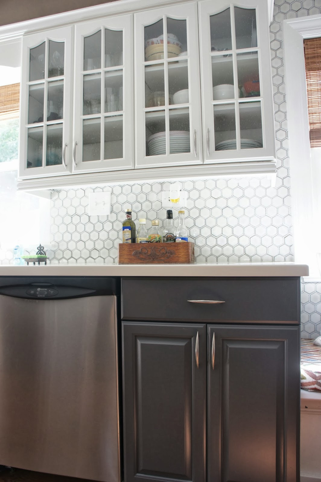 Grey Backsplash Kitchen
 Gray and White Kitchen Makeover with Hexagon Tile