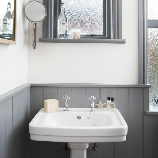 Grey Bathroom Designs
 White and grey bathroom with traditional basin