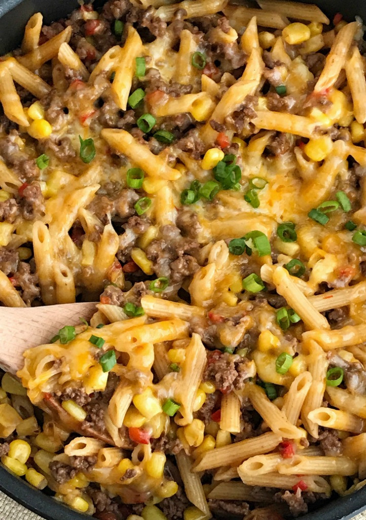 Hamburger Dinner Ideas
 30 minutes one pan BBQ Beef Pasta Skillet To her as