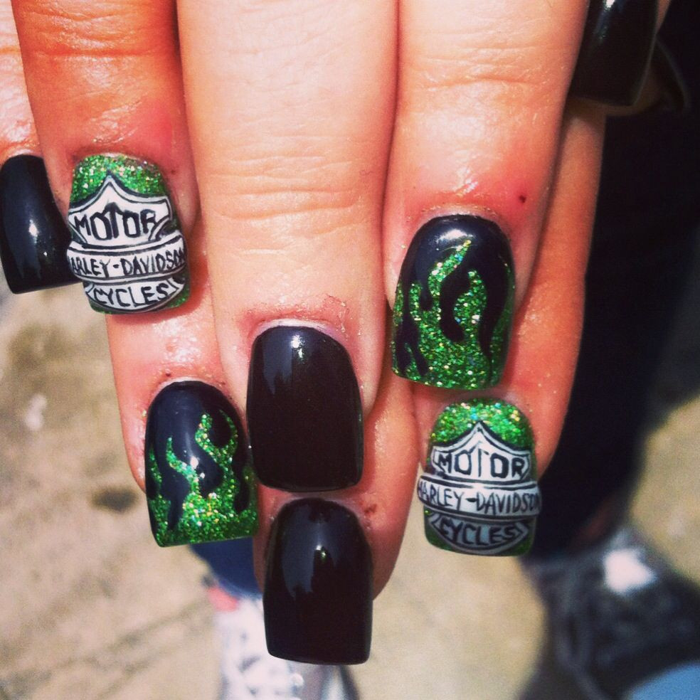 Harley Davidson Nail Art
 Harley Davidson nail art 3D green flames freehand