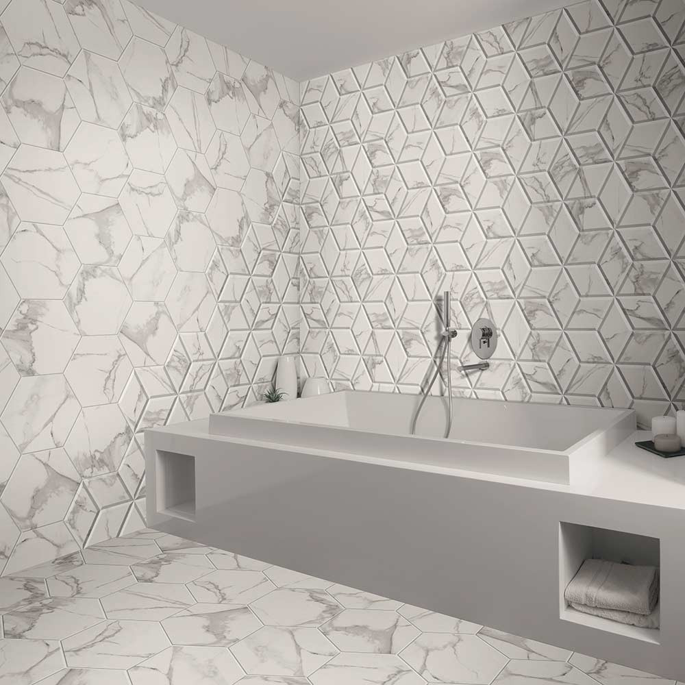 Hexagon Tiles Bathroom
 Voronoi White Marble Effect Hexagon Tiles