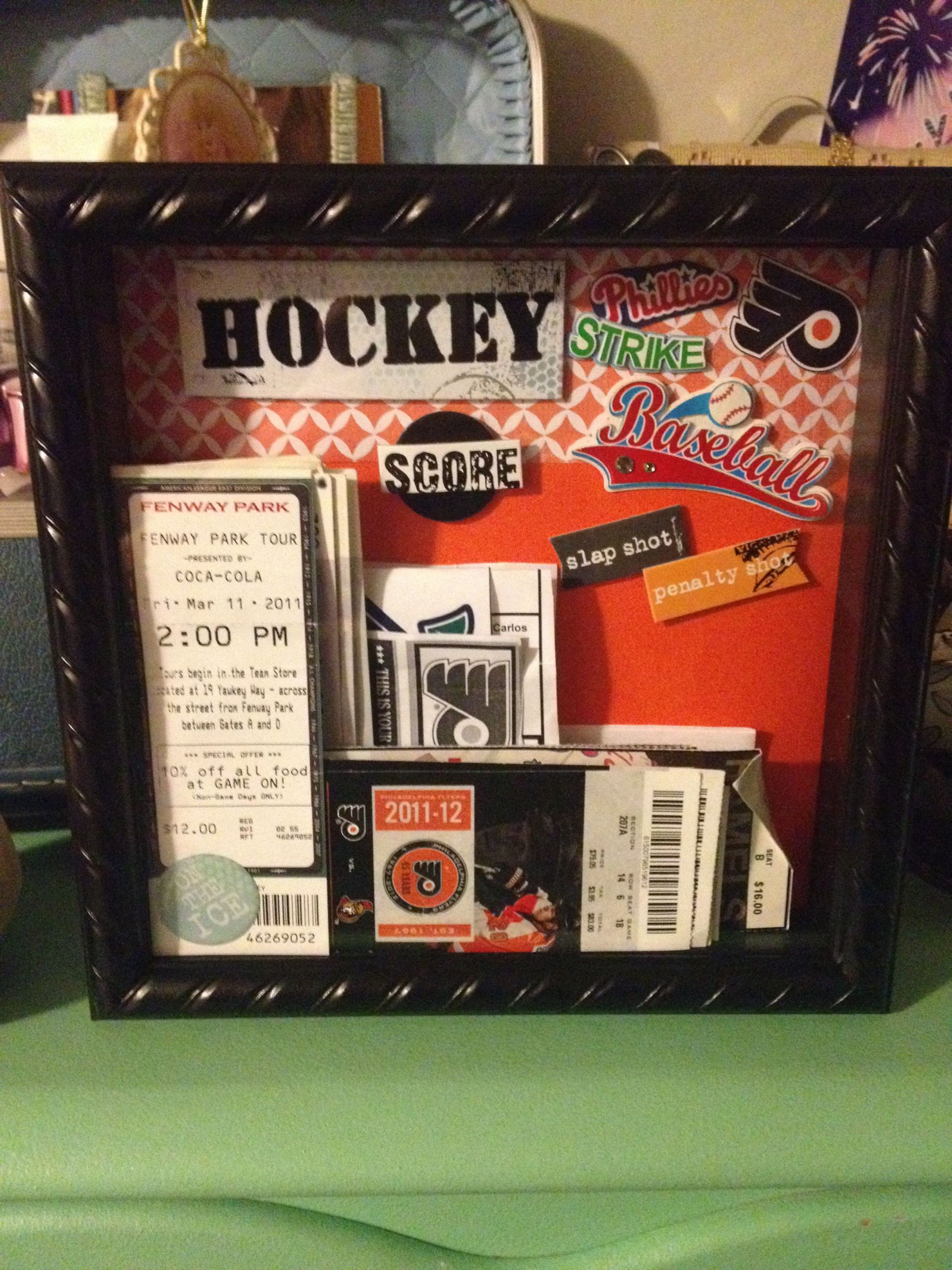 Hockey Gift Ideas For Boyfriend
 Memory box I made for my boyfriend of ticket stubs from