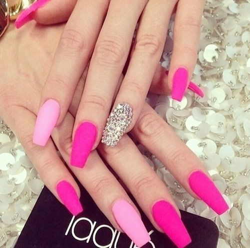 Hot Pink Nails With Glitter
 Long pink gel nails with glitter LadyStyle