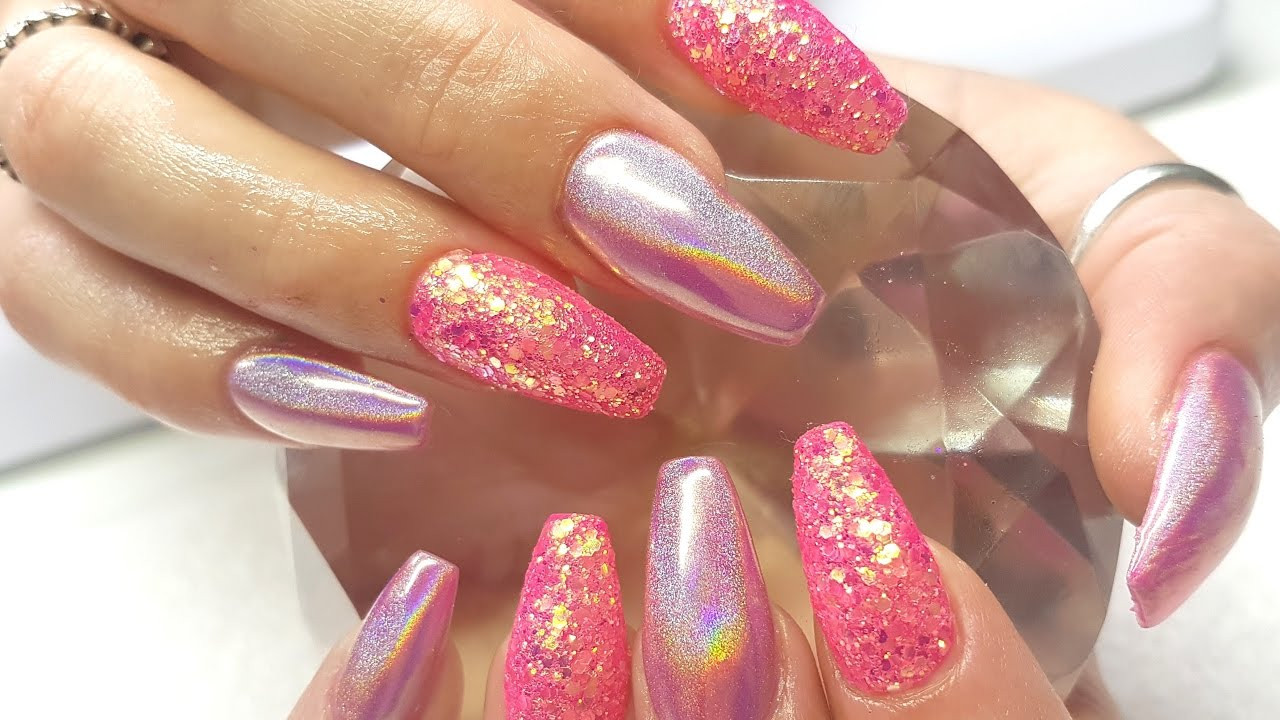 Hot Pink Nails With Glitter
 Acrylic Nails Hot Pink Holo & Glitter Nail Design